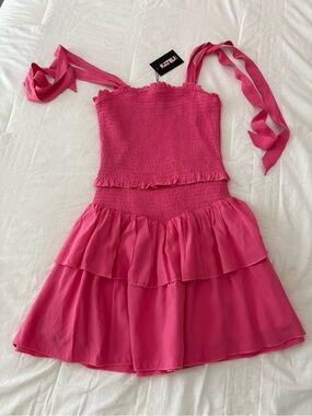 Katie J NYC Pink Smocked Mini Dress with Tie Straps